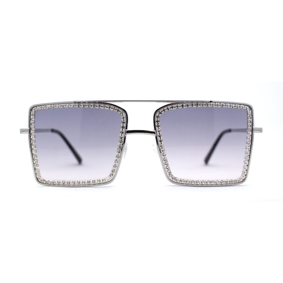 Womens Square Rhinestone Rectangle Jewel Metal Rim Diva Sunglasses Silver Smoke