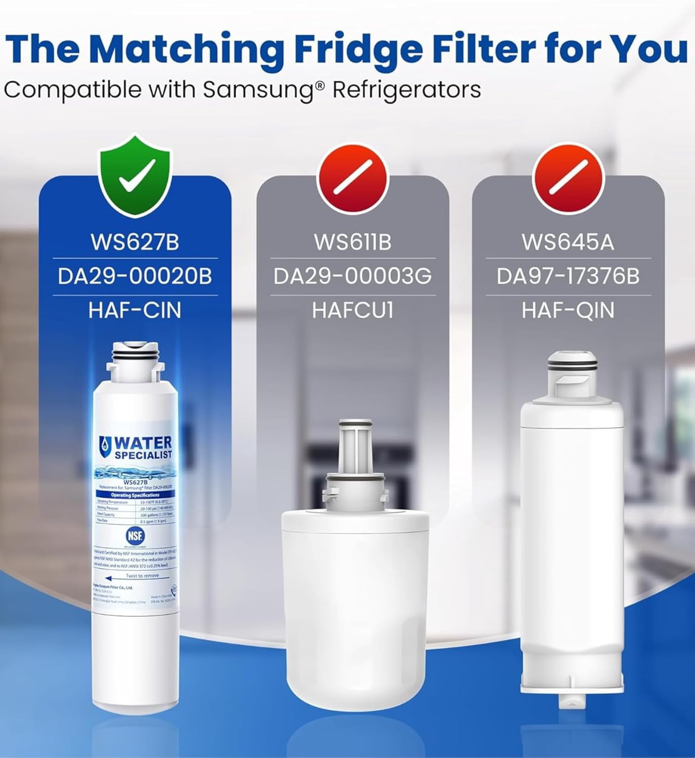Waterspecialist F27 Refrigerator Water Filter Replacement for Samsung® DA29-00020B, HAF-CIN, RS25J500DSR, RF28HMEDBSR, HAF-CIN/EXP, RF4287HARS, RF28HFEDBSR, 8 Pack