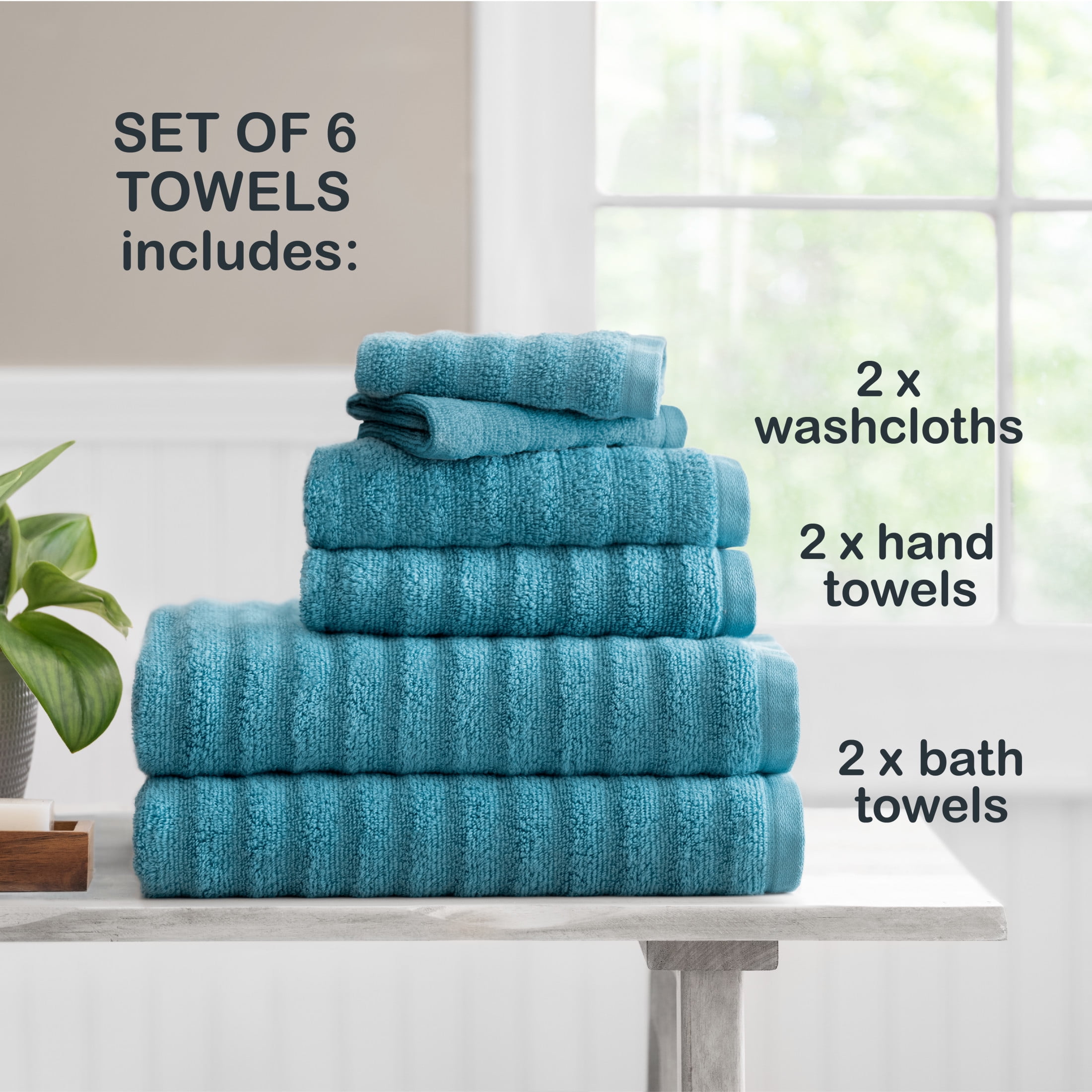 Mainstays Performance Textured Bath Towel 6-Piece Set, Cool Water