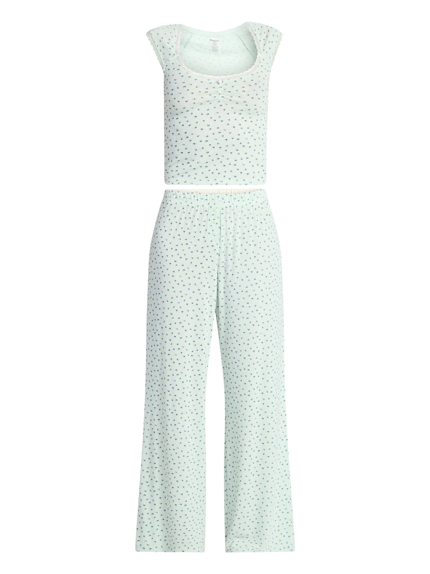 No Boundaries Pointelle Baby Tee and Pants Sleep Set, 2-Piece, Women's XXS-3X