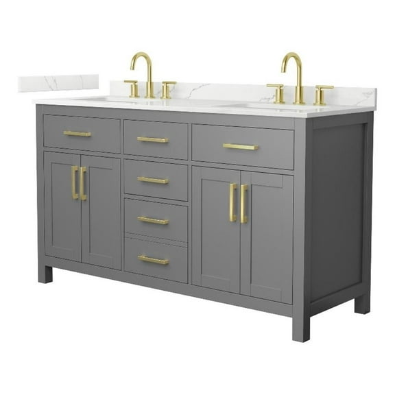 Beckett 60" Dark Gray Double Vanity & Giotto Quartz Top (3-Hole) & Gold Trim