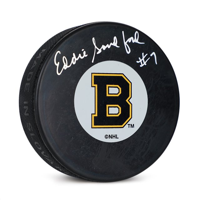 Ed Sandford Rondelle de Hockey des Boston Bruins Originale à Six Logo Signifiée