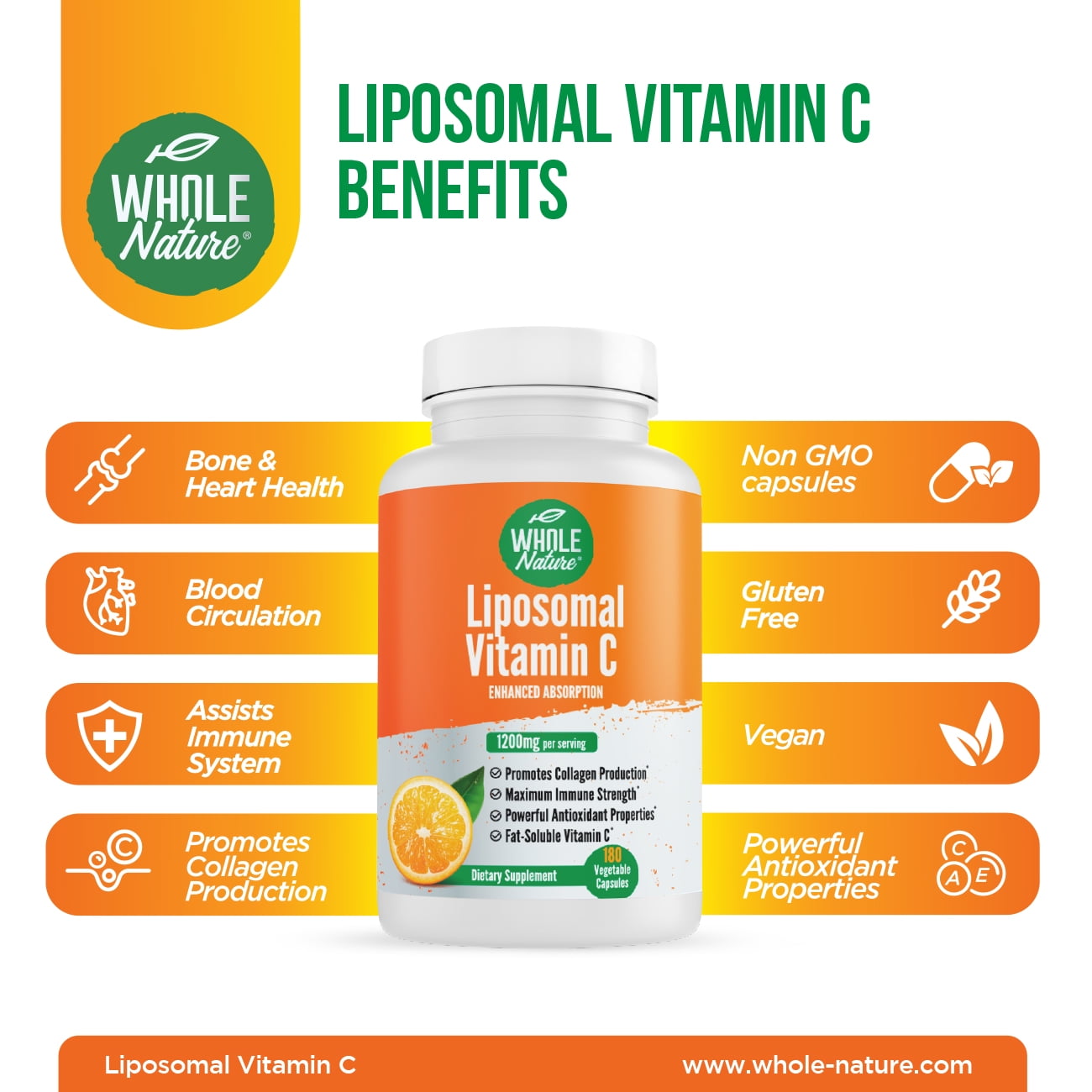 Whole Nature Liposomal Vitamin C, 1200 mg, High Absorption Immune System and Collagen Booster, 2 Pack