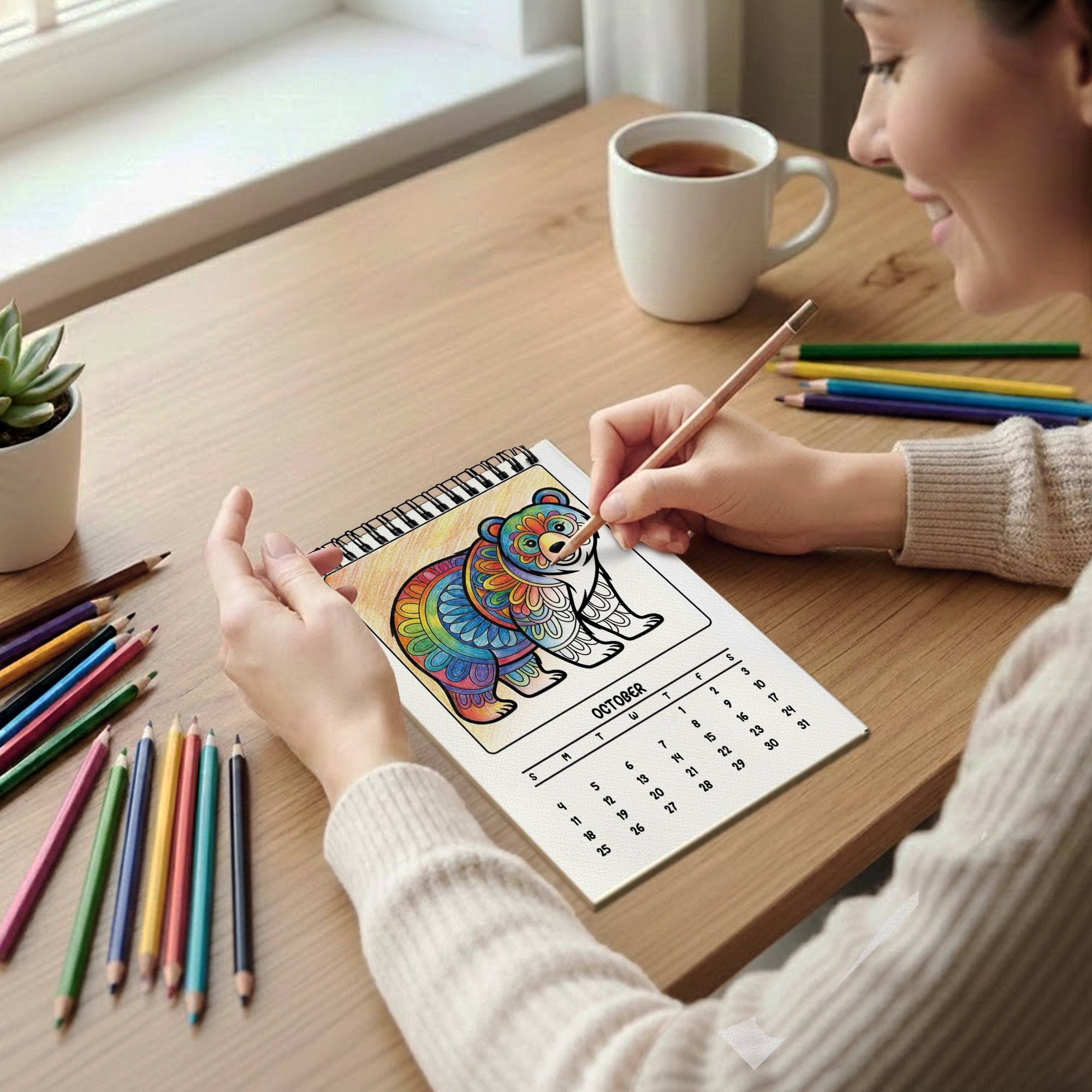 Animal Mandala Coloring Desk Calendar 2026–2027, A5 Wooden Cover Planner with 26 Easy Coloring Pages for Adult Relaxation, 24 Month Desktop Calendar with Stand, Gift for Family & Friends