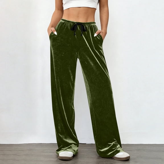 Zedker Soft Velvet Straight-Leg Elastic-Waist Pants for Women Casual High Waist Loose Pockets Long Pants for Springtime and Summer,Army Green,L