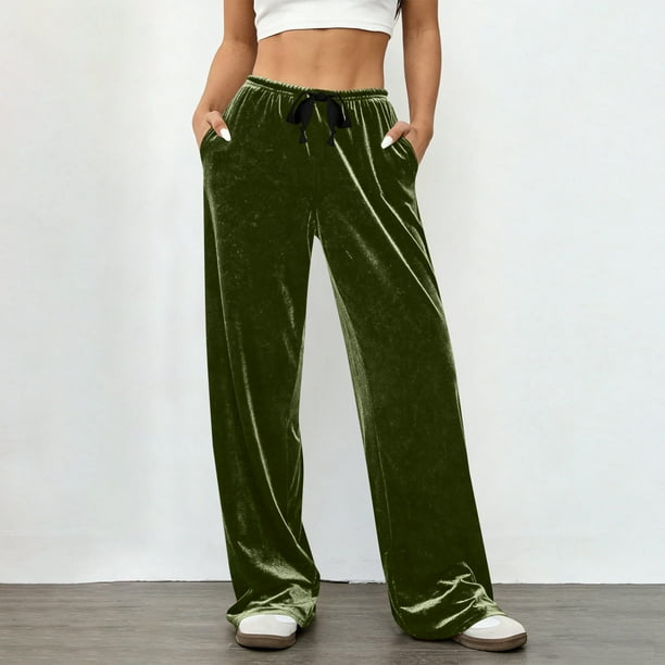 Pincandy Women's Solid Color Velour Pants - Elastic Waist, Loose Wide Leg Fit with Pockets, Luxurious & Comfortable for Loungewear & Daily Outings