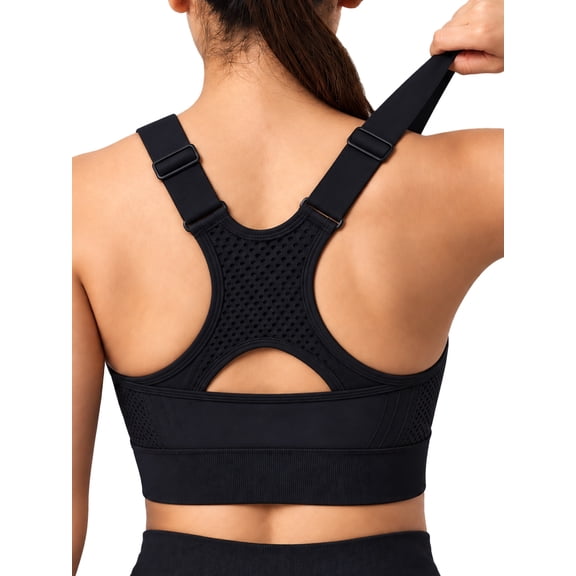 SHAPECQB Sports Bras for Women Racerback Adjustable Strap High Support Padded Workout Seamless Bra for Yoga Gym Black S‑2XL