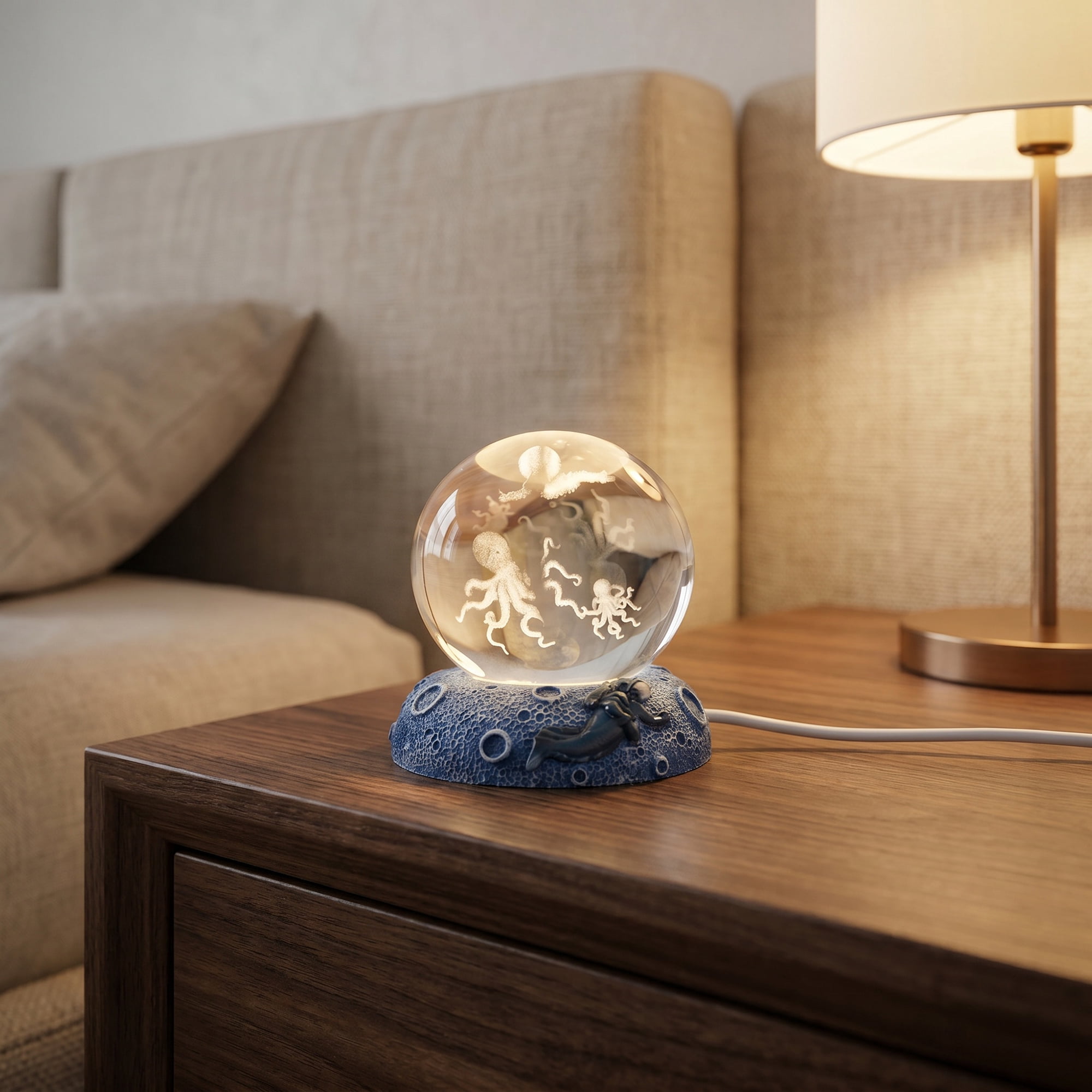 Unique Bargains Glowing Crystal Ball 3D Glass Ornament with LED Light Base Beige Style J