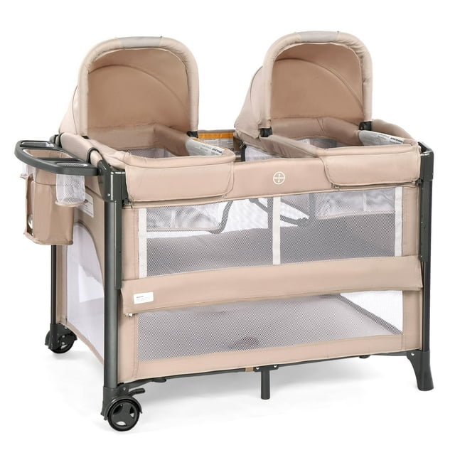 JOYMOR Moisés Doble para Bebé, Moisés de Noche Beige, Convertible en Cama de Noche y Parque Infantil, con Rueda, Freno, Cama Lateral Plegable,Beige