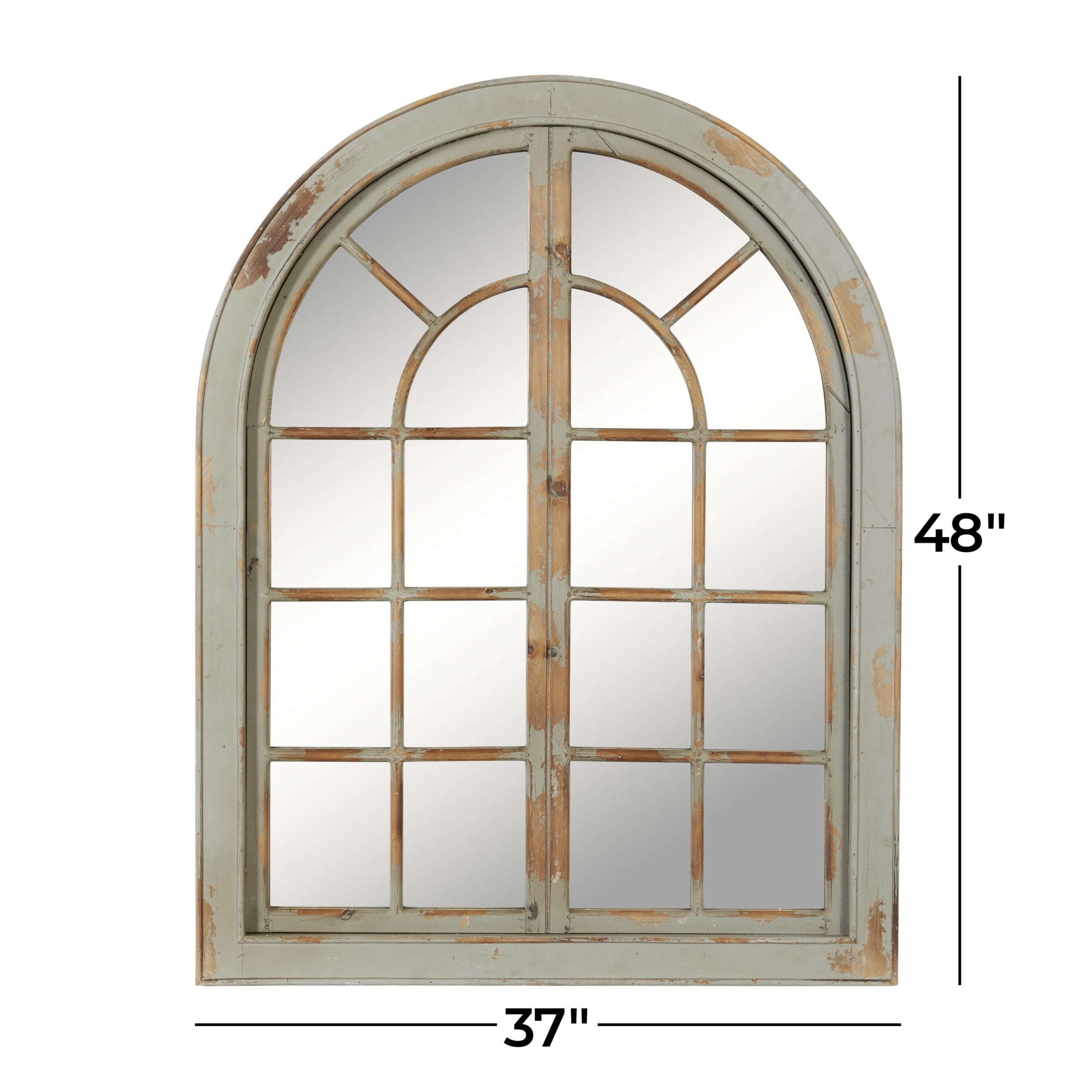 DecMode 37" x 48" Gray Window Pane Inspired Wall Mirror with Arched Top and Distressing