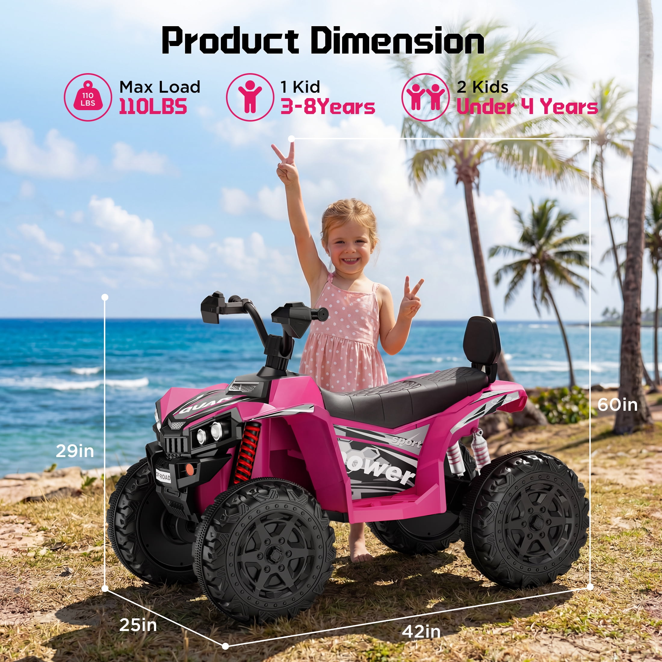Wisairt 24V Ride on ATV Toys, 4WD Kids ATV 4-Wheeler for Big Kids with 2 Seater, Electric Quad 800W Motor, Pink