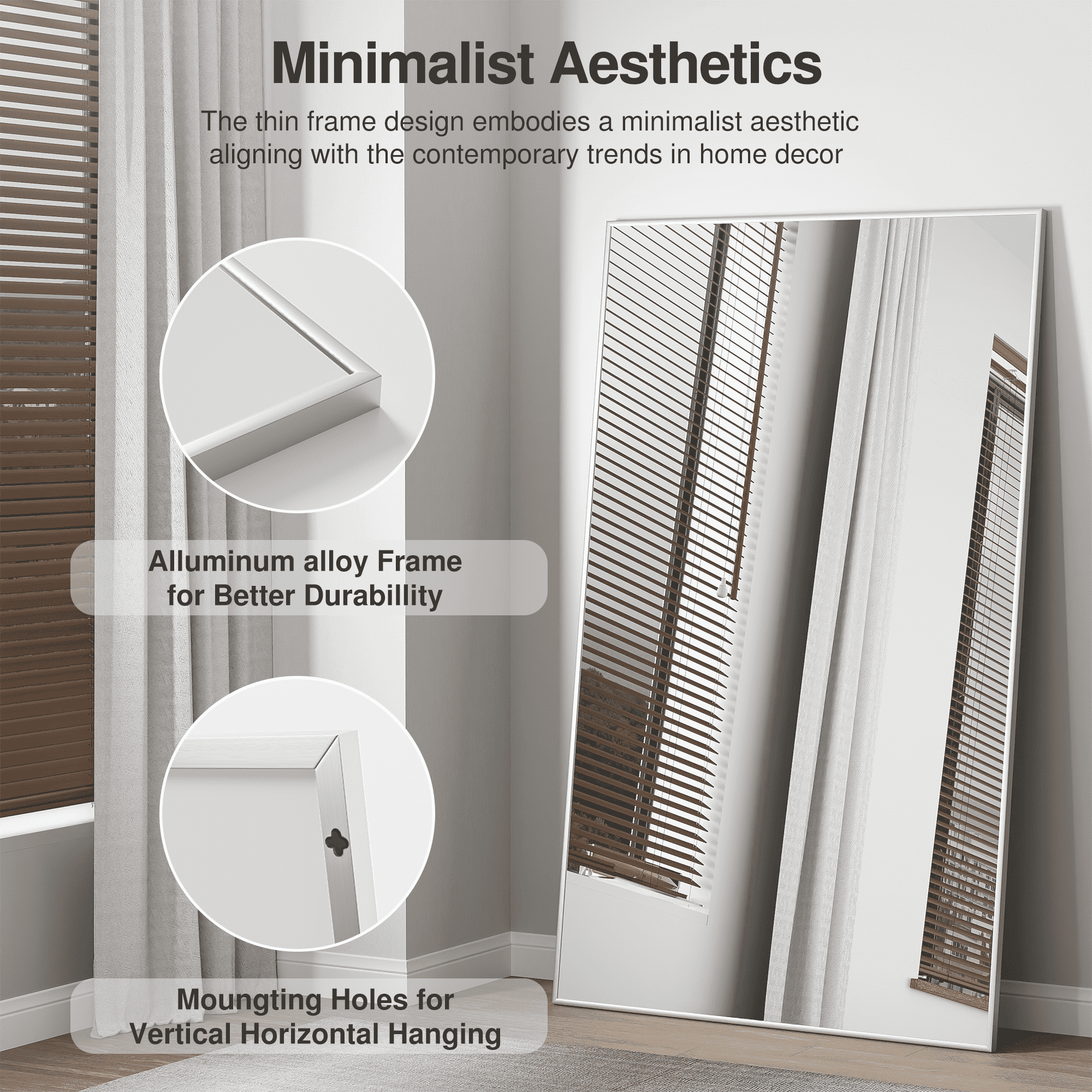 MAYEERTY 52"×32" Silver Aluminum Slim-Frame Rectangular Full-Length Mirror No Stand, Space-Saving for Bedroom