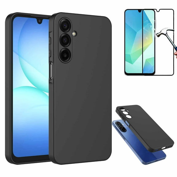 Galaxy A17 5G Liquid Silicone Case with Tempered Glass Screen Protector,Shockproof Rugged Cover,Military-Grade Drop Protection,Microfiber Lining,Phone Case for Samsung A17 5G 2025 6.7"-Black