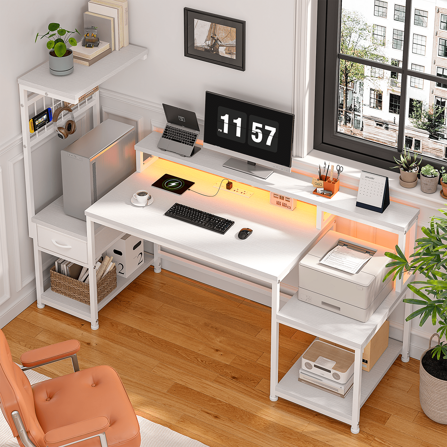 Romorgniz 55"W Gaming Desk Computer Desk with Hutch & Monitor Stand Corner Desk with LED Lights & Outlets for Gaming,Studying,Home Office Desks,White