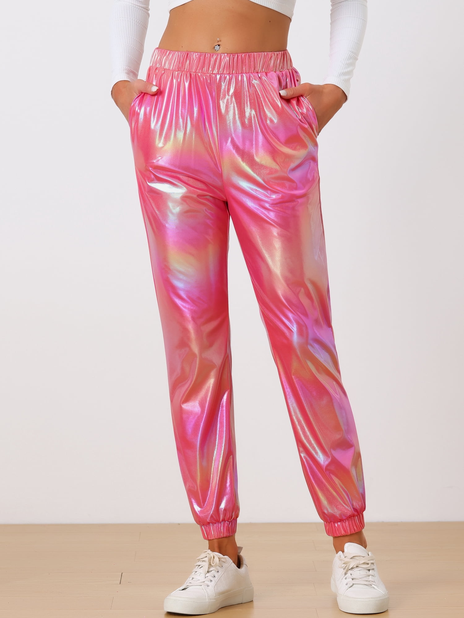 DARING DIVA Women's Sparkle Shiny High Waist Metallic Jogger Pants XL Holographic Pink
