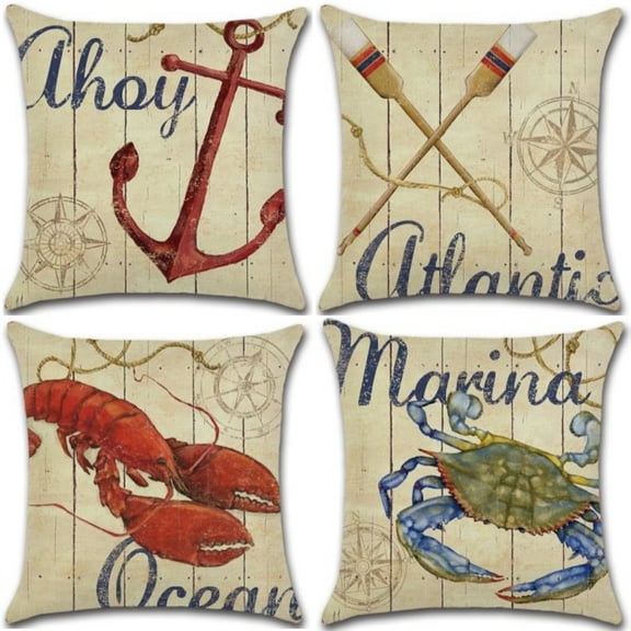 Set of 4 Pillow Covers 18x18, Lobster/Crab & Anchor/Oars Marine Pattern Style, Cotton Linen Fabric Decorative Indoor / Outdoor Throw Pillow Case Set 45x45cm