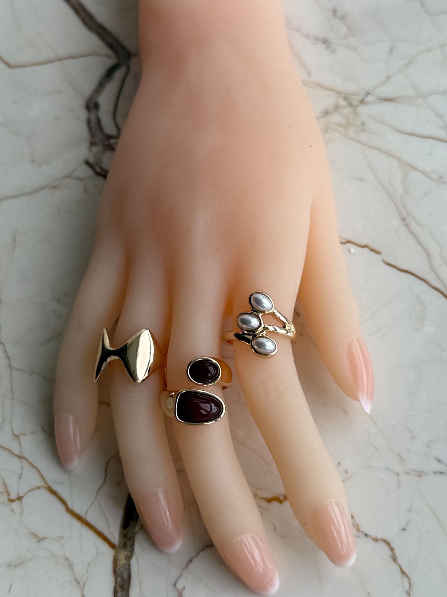 Time and Tru Pearl and Stone Rings Brown in Gold Plating for Female Adults and Teens, 3 Pack