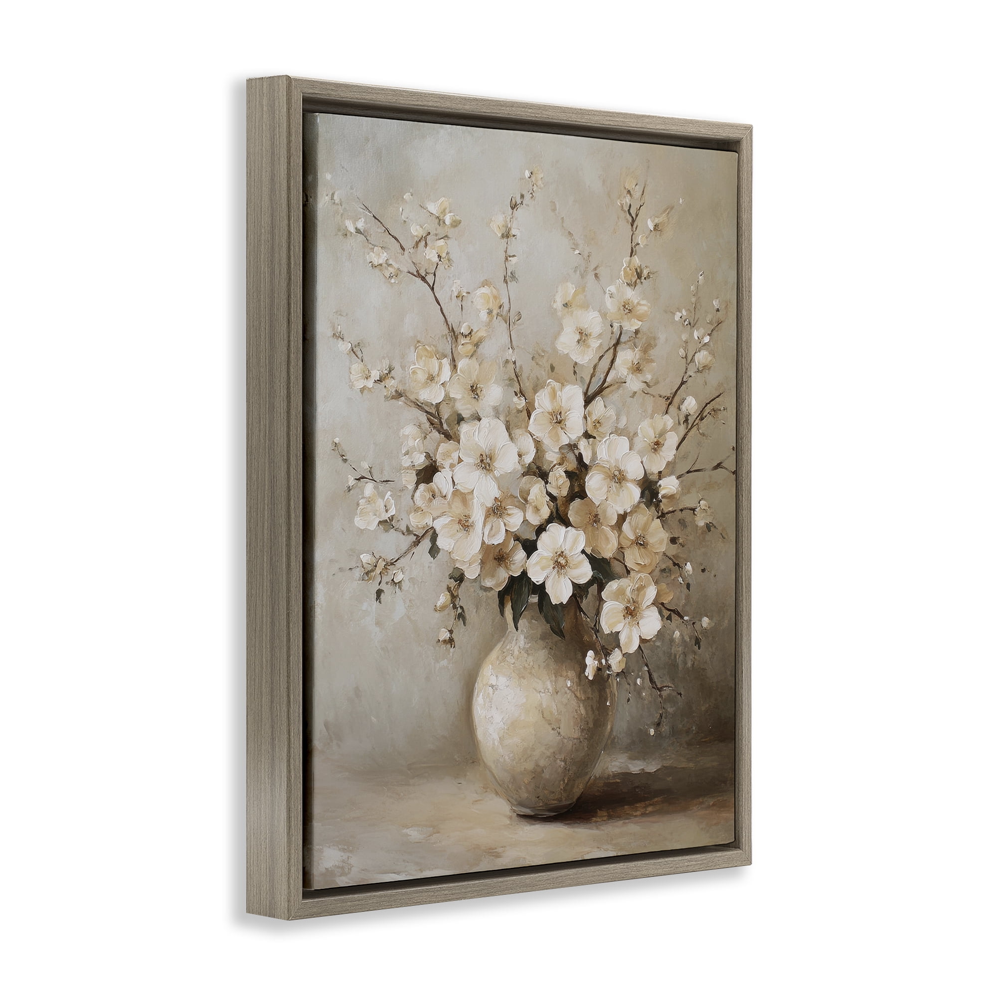 Stupell Industries Cherry Blossoms in Pottery Plants & Flowers Painting Brown Floater Framed Canvas Art Print Wall Art, 17 x 21