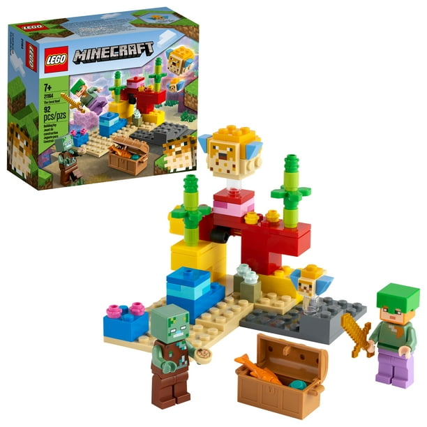 Lego Minecraft The Coral Reef Featuring Alex A Drowned And 2 Cool Puffer Fish 92 Pieces Walmart Com Walmart Com