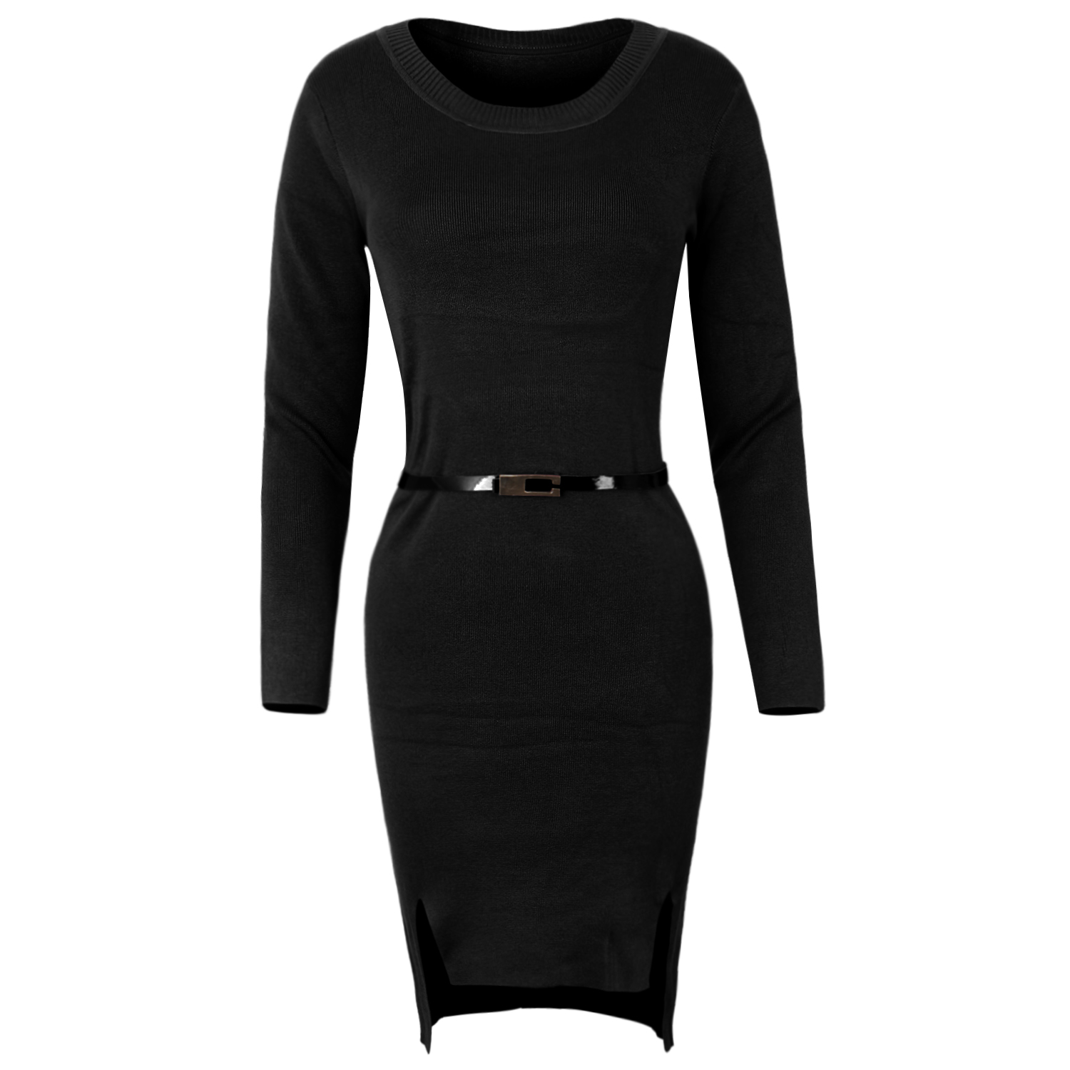 ililily ililily Sexy Long Sleeve Stretchable Knee Length Bodycon Casual Dress, Black