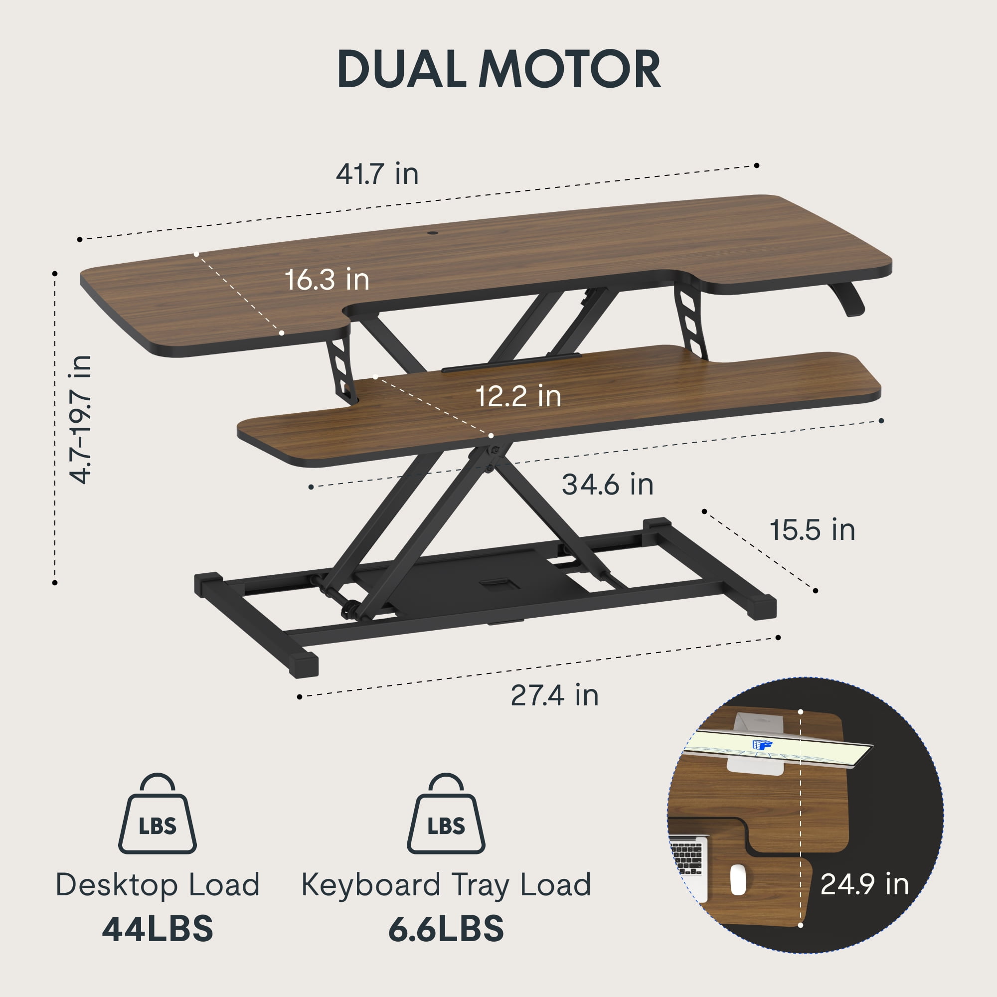 FitStand Home Office Height Adjustable Standing Desk Converter Walnut 42" U-Shape with Keyboard Tray