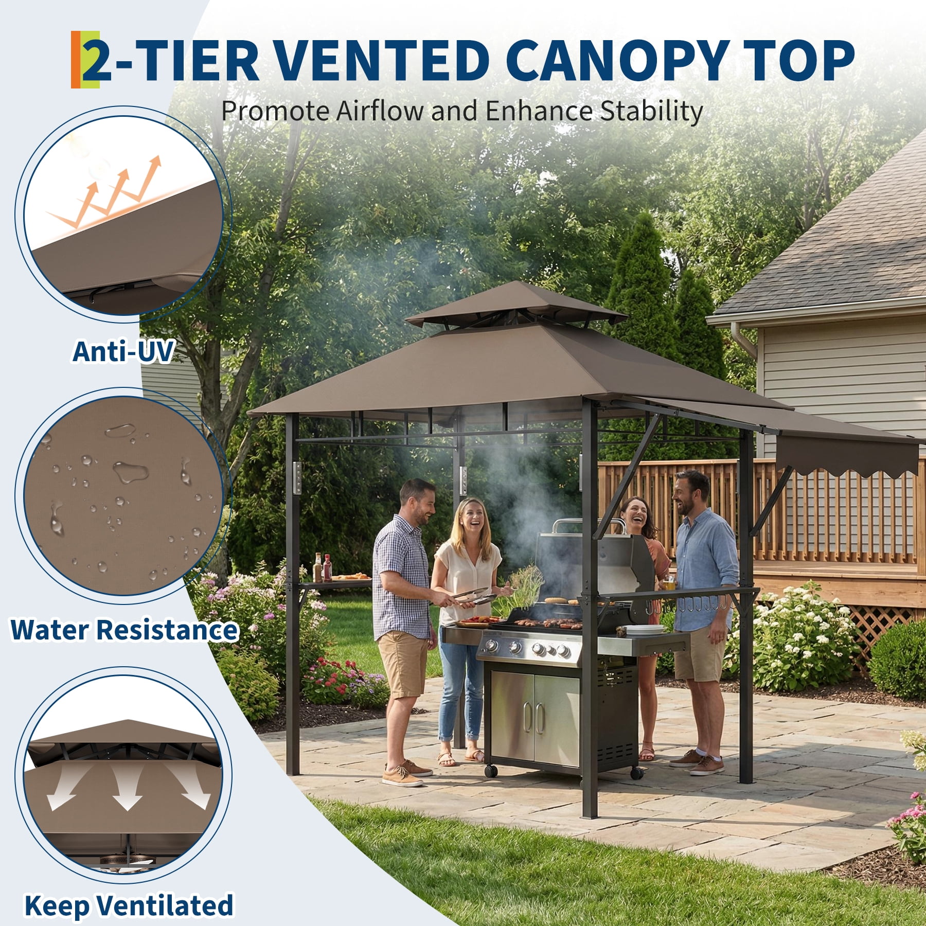 8x5 ft Grill Gazebo with Double-Tiered Roof, Heavy Duty Steel Frame BBQ Canopy with Side Shelves, LED Lights, Hooks & Bottle Opener for Backyard