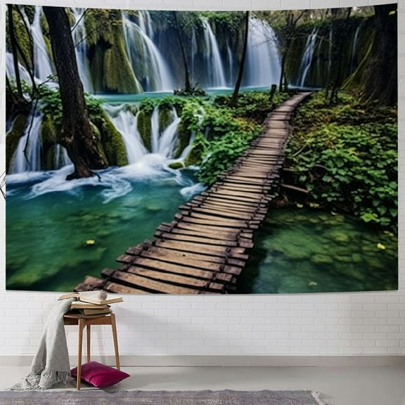 BCIIG Green Nature Landscape Tapestry Rainforest Tapestry Waterfall Tapestries River Wooden Bridge Wall Hanging Tapestry For Living Room Bedroom Dorm Home Decor Large 40x30inch