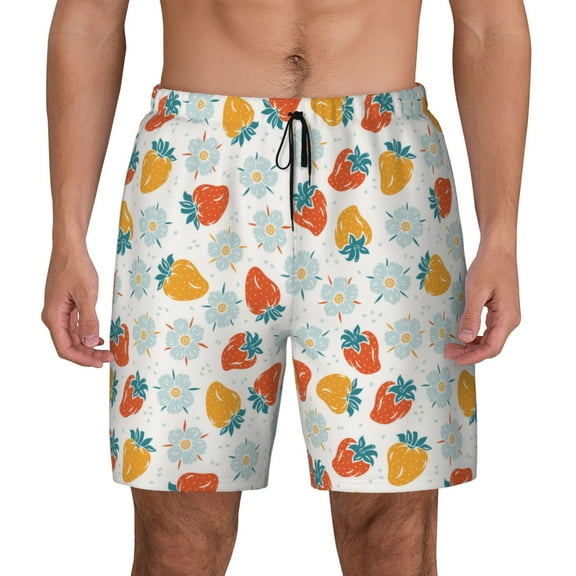 Fotbe Floral Strawberr Men’s Swim Trunks Quick Dry Swim Shorts Board Shorts with Mesh Lining-Small