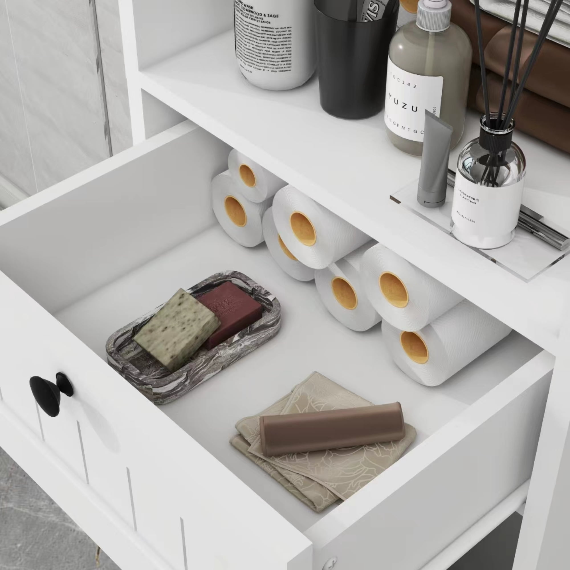 Leumius Tilt-Out Laundry Hamper Cabinet,Freestanding Laundry Sorter Cabinet with Compartment & Drawer,White
