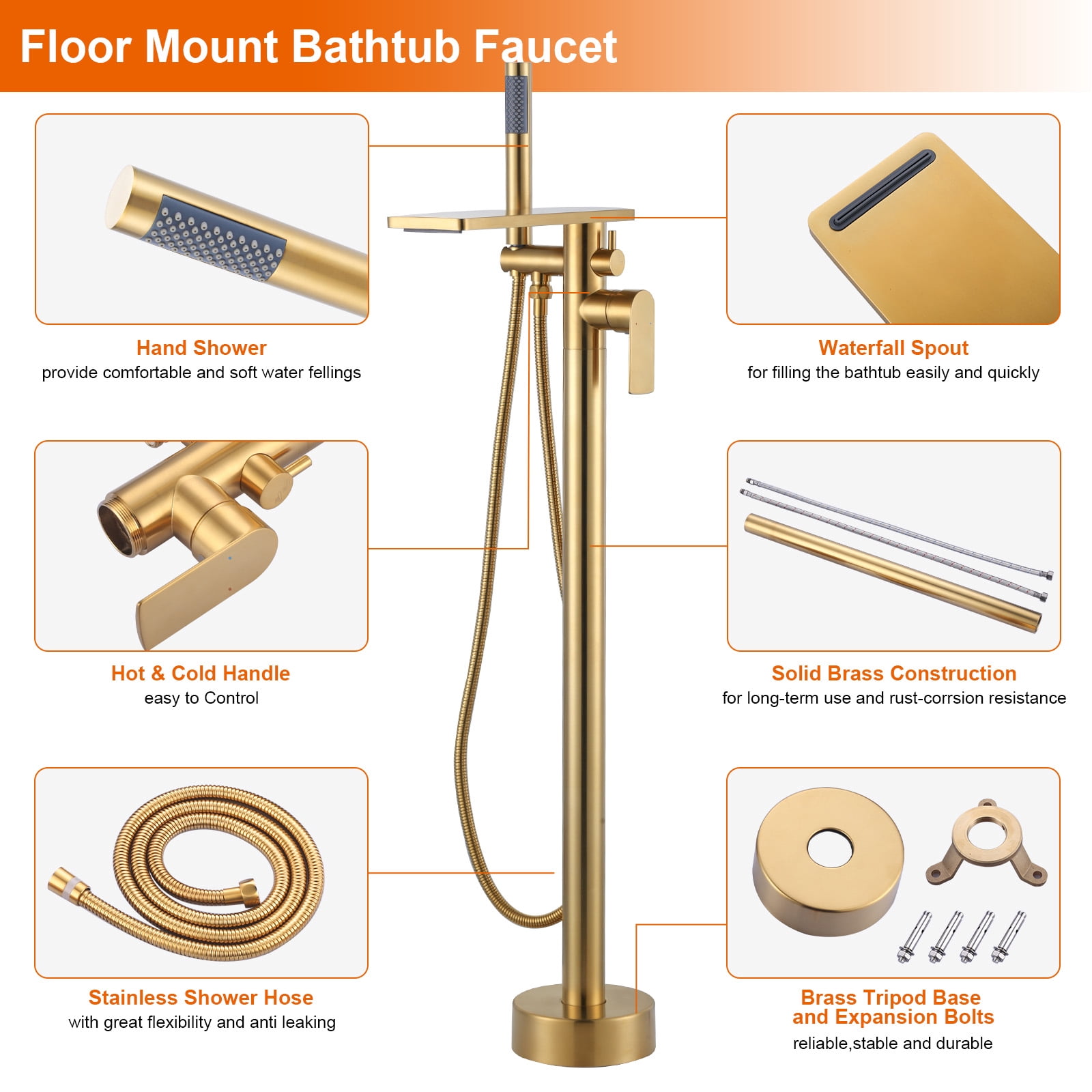 Wowow Brass Freestanding Bathtub Faucet Single-Handle Floor Mount Claw Foot Tub Faucet with Hand Shower in Gold