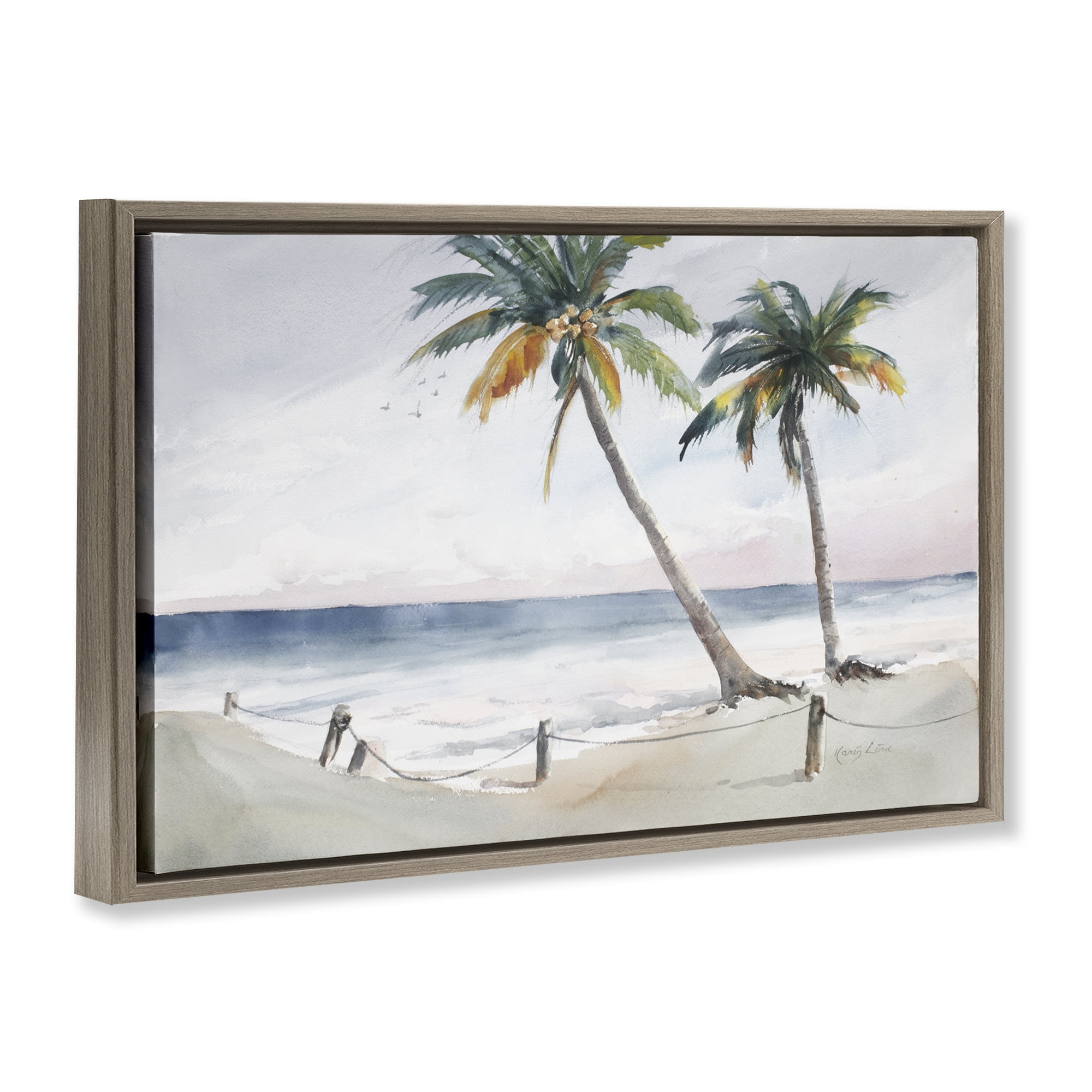 Stupell Industries Two Palms Serene Coast Nautical & Beach Painting Brown Floater Framed Canvas Art Print Wall Art, 25 x 17