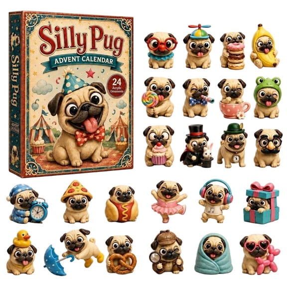 CQHVKQ Christmas Pug Advent Calendar 2026, 24 Days Christmas Countdown Calendar of Puppy Surprise, Silly Themed 2D Acrylic Pug Ornaments Advent Calendar for Dog Lover Gifts, Xmas Tree Decor