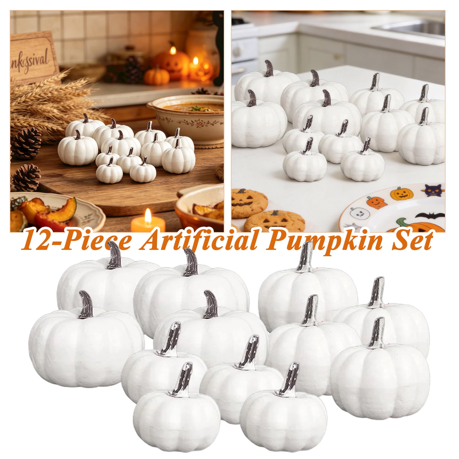 Halloween 12 Pack Artificial White Mini Pumpkins Foam Fake Pumpkin Decorations Small Harvest Pumpkin Set for Halloween Tiered Tray Kitchen Table Farmhouse Fall Home Decor