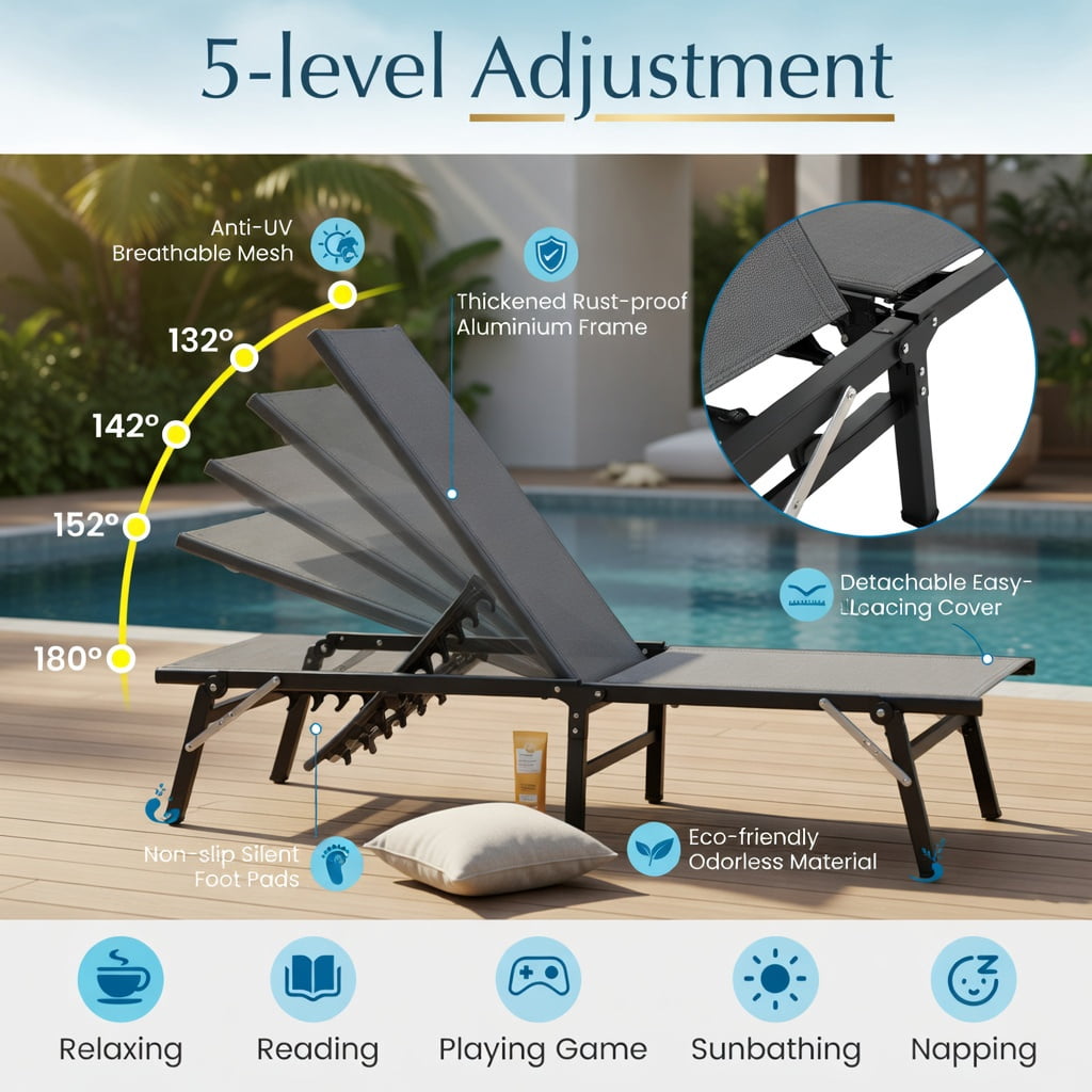 Hommoo 2-Pack Foldable Outdoor Chaise Lounge Chairs, Metal Frame with Breathable Fabric, 5-Position Adjustable Backrest, Perfect for Patio, Pool & Backyard, Black