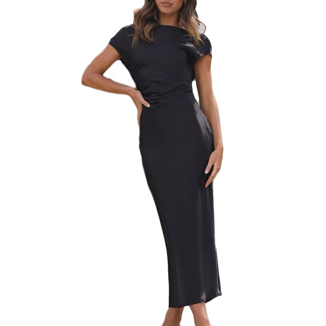 Vestido Gmeitoey de satén con mangas casquillo en la espalda, de verano, para mujer