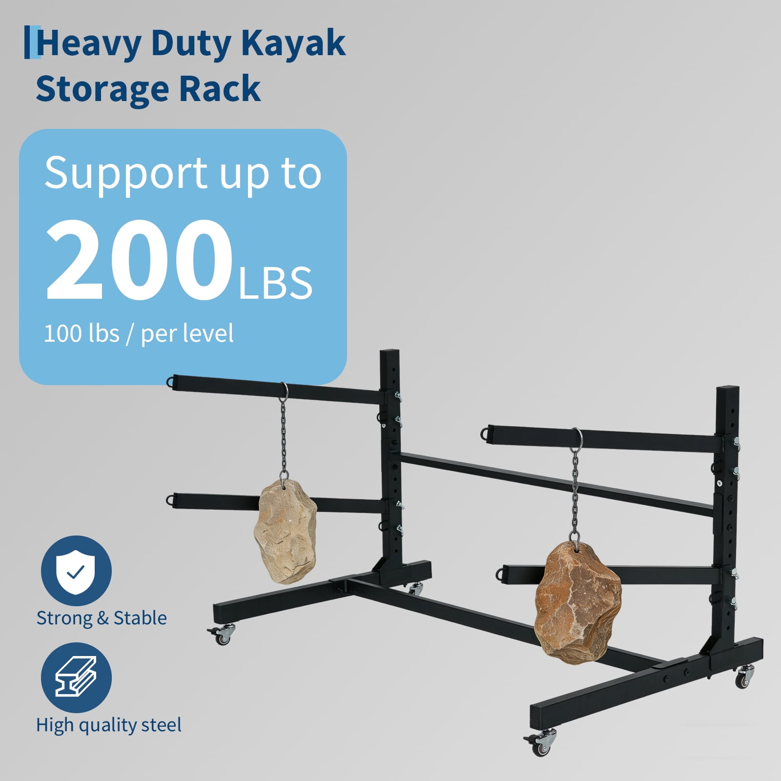 Heavy Duty 2-Tier Freestanding Kayak Storage Rack with Adjustable Wheels – Metal Stand Compatible with Kayaks, Canoes, SUPs, Surfboards – Indoor/Outdoor Garage Organizer, Portable, Rust-Resistant,