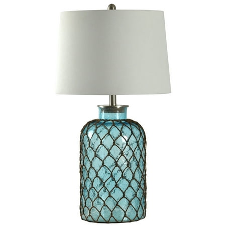 Montego Bay Table Lamp - Blue Seeded Glass Finish - Off-White Hardback Fabric Shade