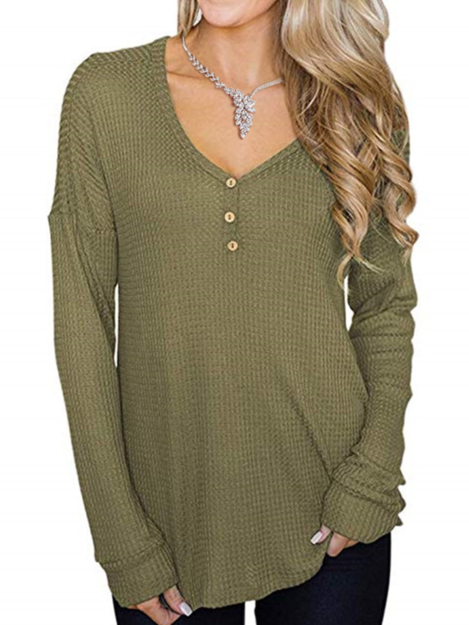 NEWTECHNOLOGYY - Fashion Women Button V Neck Loose Baggy Shirt Long Sleeve Tops Blouses Casual 