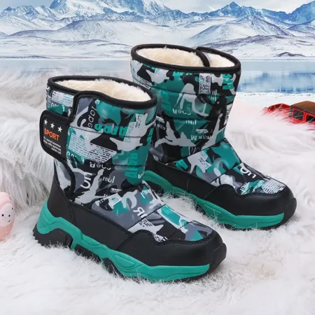 

GEDER-S2 Boys Casual Snow Boots With Camouflage Print High Top Waterproof Fleece Thermal Boots For Winter Outdoor PVC