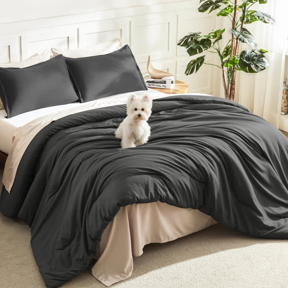 Dark Grey Comforter Set California King Size, 3 Pieces Cal King Gray Lightweight Plain Bedding Comforter Set, Oversized All Season Fluffy Bed Set (104x96In Comforter & 2 Pillowcases)