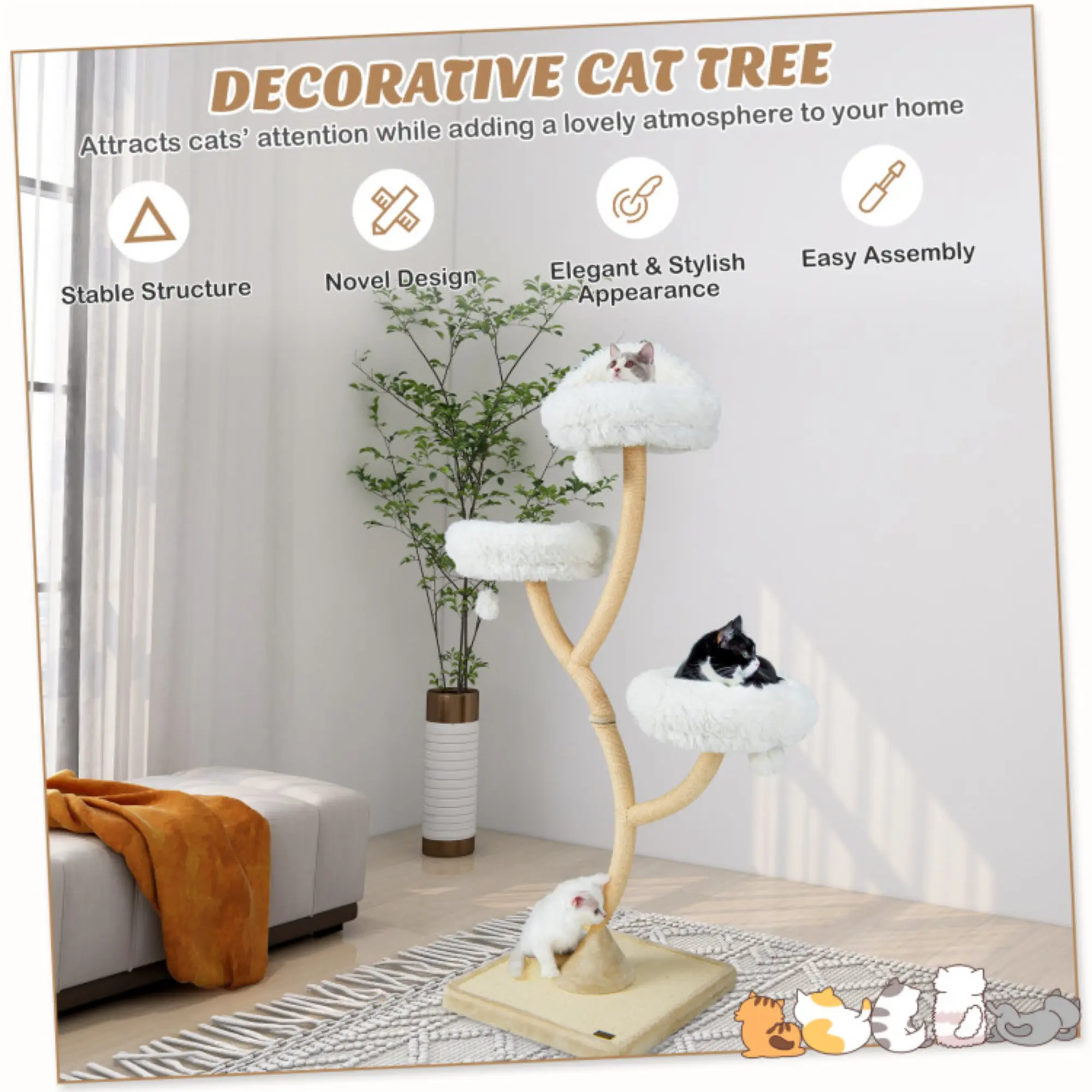 Kadyn 70" Modern Cat Tree Tower for Indoor Cats, Large Cat Condo with Scratching Post and Removable Pads for Small Large Cats, Beige
