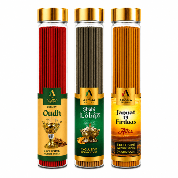 The Aroma Factory Incense Sticks Combo Pack 3 Fragrances (Oudh, Shahi Loban, Jannat Ul Firdaus) 100g Each – Essential Oil Based, No Charcoal, Non Toxic, 100% Herbal, No Black Smoke