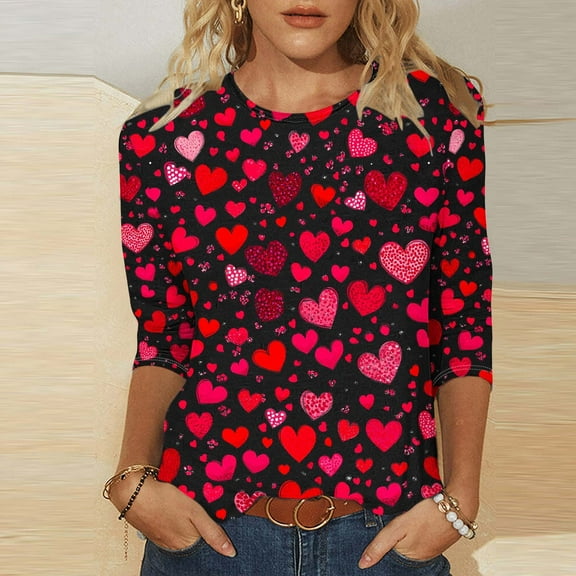 VgaVtl 3/4 Sleeve T-Shirt Women Pink Valentines Day Womens Tops Plus Size Festivals Fancy Loose Casual Heart Print Tops