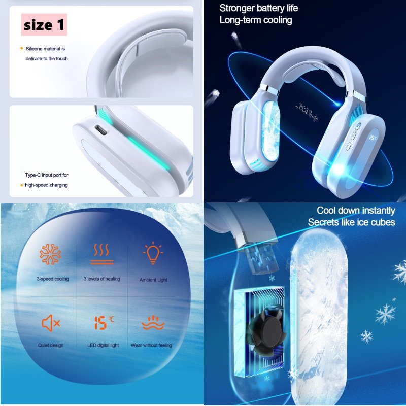 Ventilateur De Cou Portable Sans Pales – Batterie 2600 MAh, 3 Vitesses – USB Rechargeable, Silencieux (36 DB) – Vert Ou Blanc