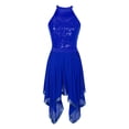 thumbnail image 3 of JanJean Women Sequin Lyrical Dance Dress Halter Backless Leotard Asymmetrical Hem Flowy Mesh Skirt Royal_Blue L, 3 of 7