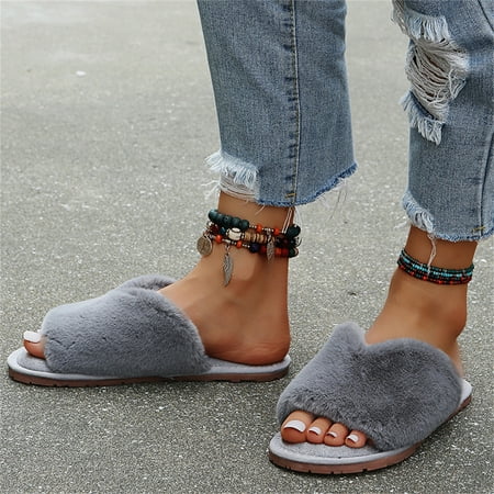 

purcolt Women s New Open Toe Fuzzy Slippers Non-Slip Soft Cozy Plush House Slippers Warm Breathable Furry Slides Flat Sandals Home Shoes Indoor Outdoor