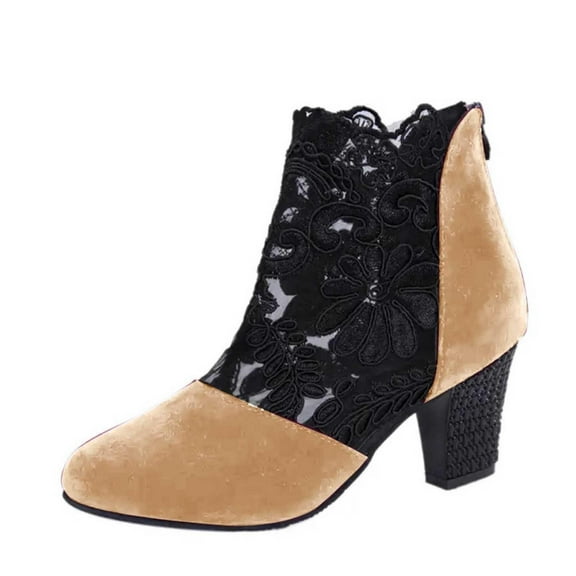 YLYL Women Ankle Boots Floral Lace Splicing Suede Pointed Toe Back Zipper Chunky Heel Booties