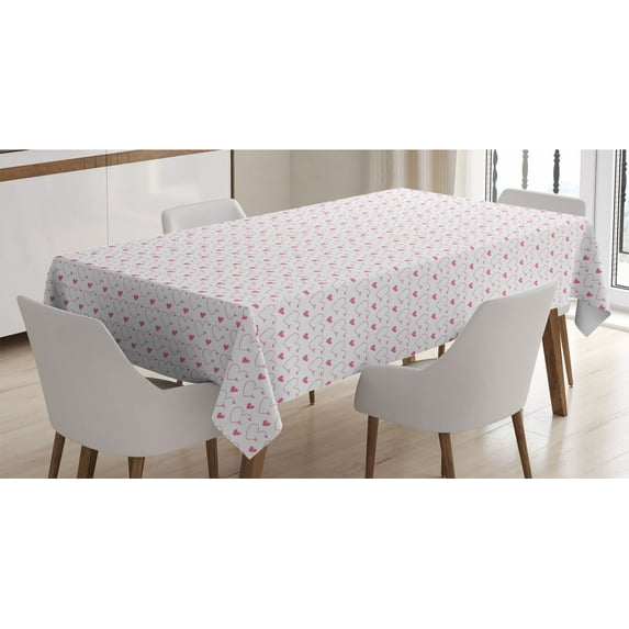 Modern Tablecloth, Love Theme Romantic Repetitive Pattern of Hearts in Monochrome Style Valentine's Day, Rectangle Satin Table Cover for Dining Room and Kitchen, 52" X 70", Pink White, by Ambesonne