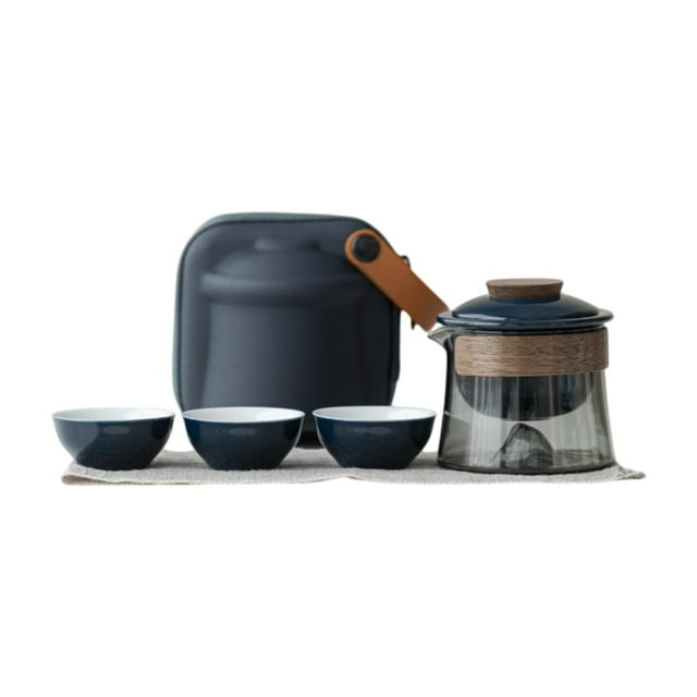 Juego de té de viaje Juego de té chino con infusor de té con estuche de almacenamiento Tetera de vidrio al aire libre portátil 1 olla y 3 tazas para Azul