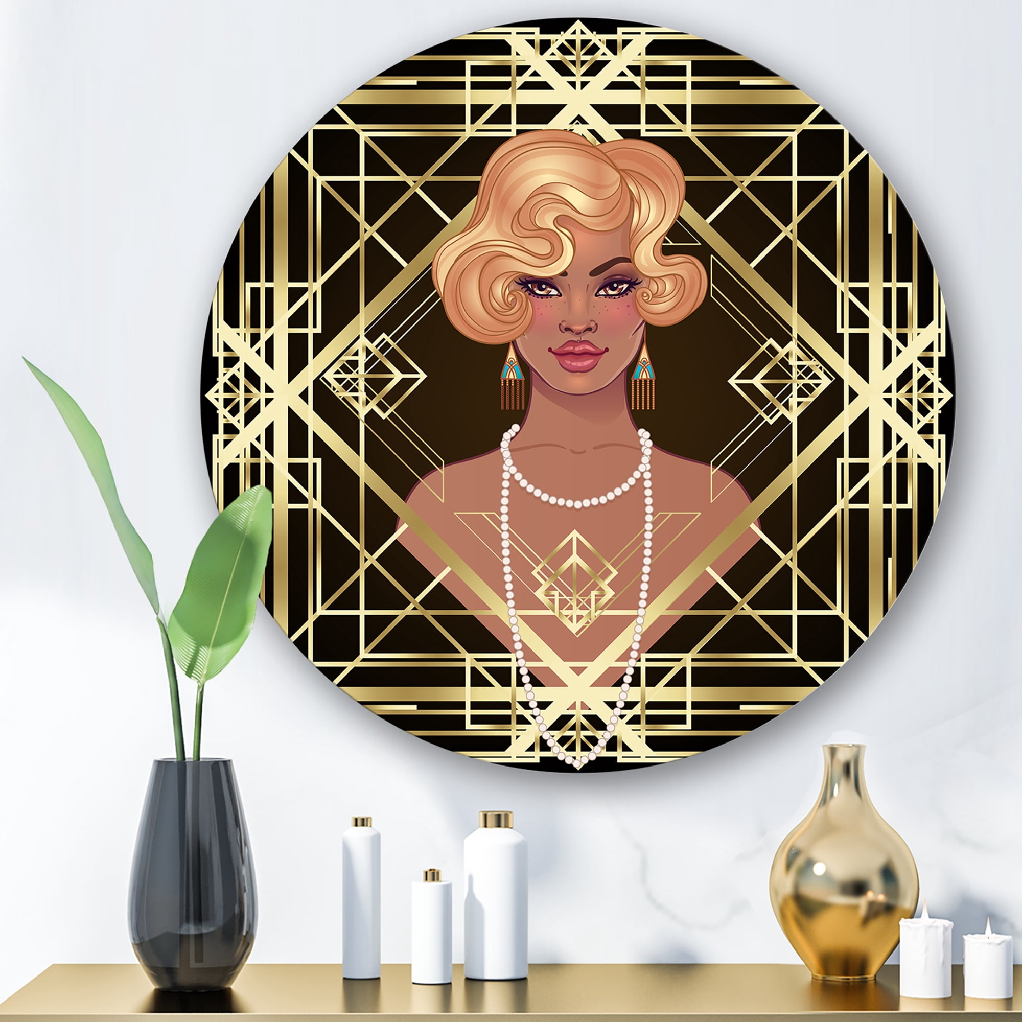 Designart 'Retro Girl In Golden Art Deco Geometrics III' Modern Circle Metal Wall Art 23x23 - Disc of 23